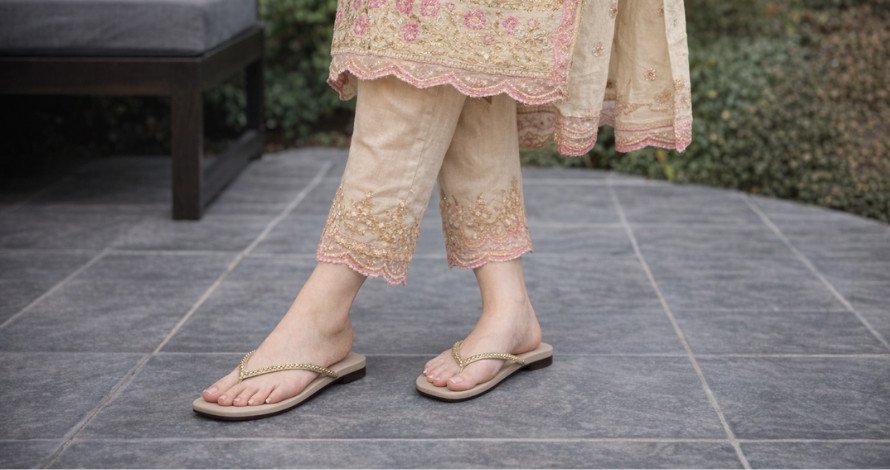 Elegant Beige Flip-Flops with Gold Accent Straps