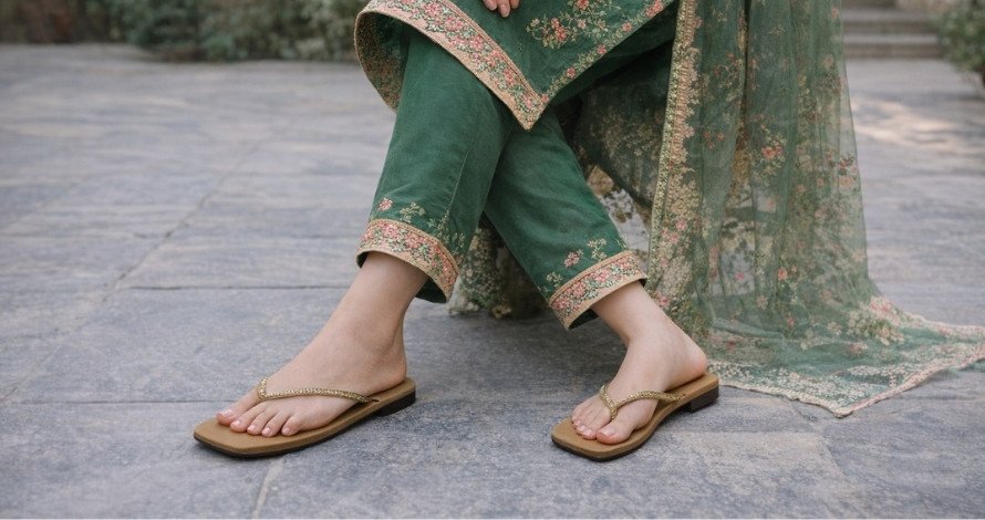 Stylish Bronze Gold Flip-Flops with Decorative Straps