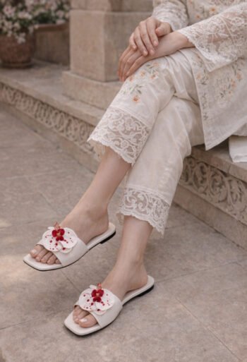 White & Red Floral Women Slippers