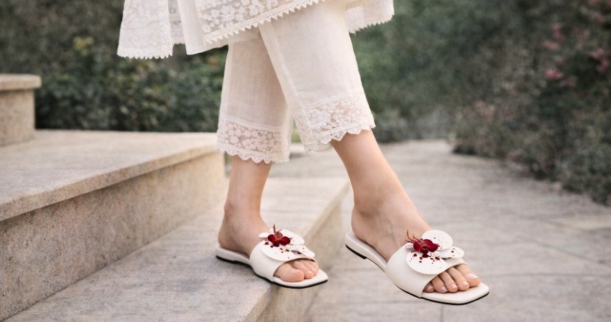 White & Red Floral Women Slippers